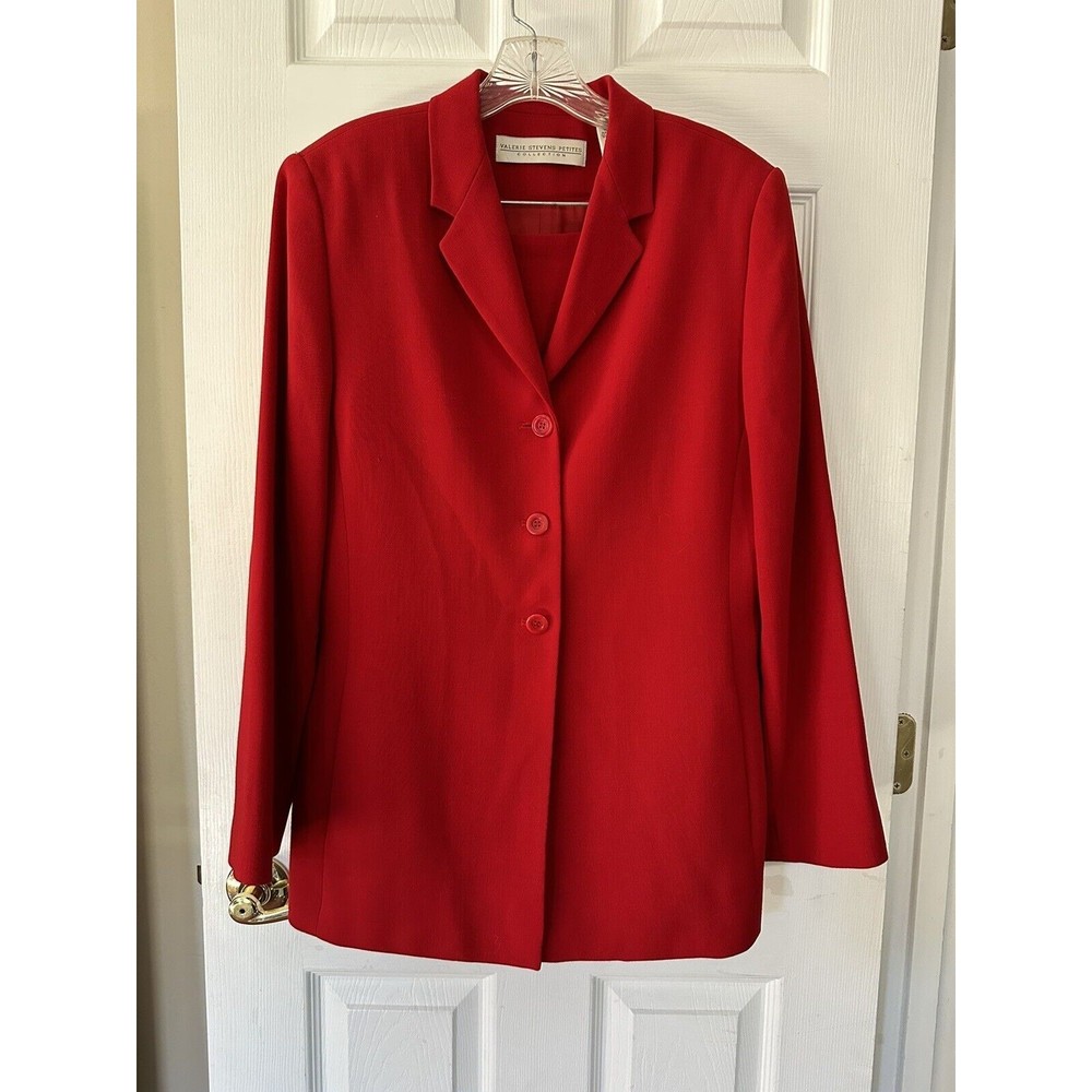 Vintage Valerie Stevens Wool Mark Red 100% Wool Blazer Suit Set Skirt Size 14P‎